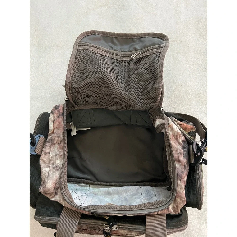 Cabelas Fishing Tackle Bag Camo Black Canvas Shoulder Strap Multi Pocket Storage